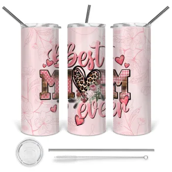 Best mom ever Mother's Day, Tumbler ποτήρι θερμό από ανοξείδωτο ατσάλι 600ml, με μεταλλικό καλαμάκι & βούρτσα καθαρισμού