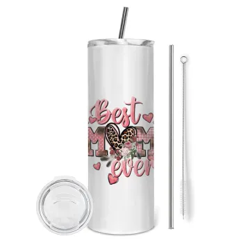Best mom ever Mother's Day, Tumbler ποτήρι θερμό από ανοξείδωτο ατσάλι 600ml, με μεταλλικό καλαμάκι & βούρτσα καθαρισμού