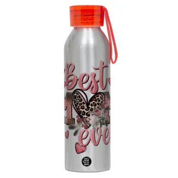 Best mom ever Mother's Day, Αλουμινένιο Αθλητικό Μπουκάλι 650ml – Ασημί με Κόκκινο Καπάκι και Λουράκι Σιλικόνης