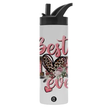 Best mom ever Mother's Day, Metallic thermos bottle with straw & handle, stainless steel (Stainless steel 304), double-walled, 600ml.