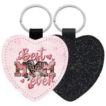 Best mom ever Mother's Day, Μπρελόκ PU δερμάτινο glitter καρδιά ΜΑΥΡΟ
