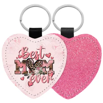 Best mom ever Mother's Day, Μπρελόκ PU δερμάτινο glitter καρδιά ΡΟΖ
