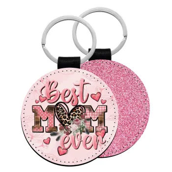 Best mom ever Mother's Day, Μπρελόκ Δερματίνη, στρογγυλό ΡΟΖ (5cm)
