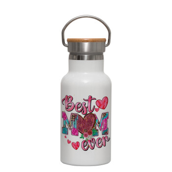 Best mom ever Mother's Day pink, Μεταλλικό παγούρι θερμός (Stainless steel) Λευκό με ξύλινο καπακι (bamboo), διπλού τοιχώματος, 350ml