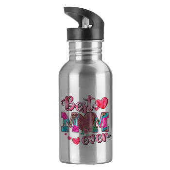 Best mom ever Mother's Day pink, Water bottle Silver with straw, stainless steel 600ml