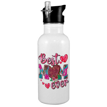 Best mom ever Mother's Day pink, White water bottle with straw, stainless steel 600ml