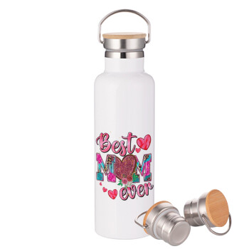 Best mom ever Mother's Day pink, Stainless steel White with wooden lid (bamboo), double wall, 750ml