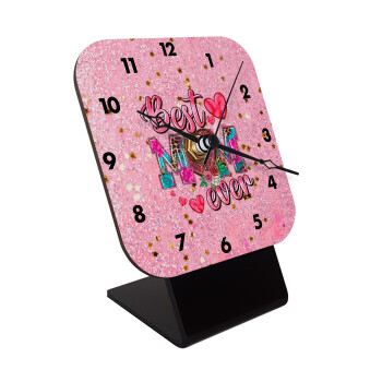 Best mom ever Mother's Day pink, Quartz Wooden table clock with hands (10cm)