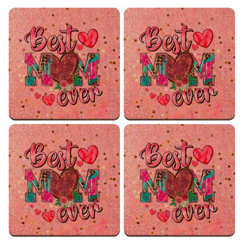 Best mom ever Mother's Day pink, ΣΕΤ x4 Σουβέρ ξύλινα τετράγωνα plywood (9cm)