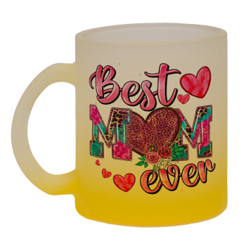 Best mom ever Mother's Day pink, Κούπα γυάλινη δίχρωμη με βάση το κίτρινο ματ, 330ml