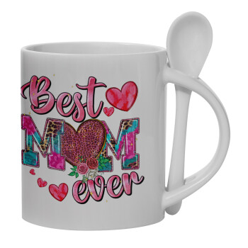 Best mom ever Mother's Day pink, Ceramic coffee mug with Spoon, 330ml (1pcs)