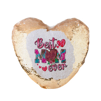 Best mom ever Mother's Day pink, Μαξιλάρι καναπέ καρδιά Μαγικό Χρυσό με πούλιες 40x40cm περιέχεται το  γέμισμα