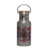 Stainless steel metallic thermos flask, silver with a bamboo lid, double-walled, 350ml.