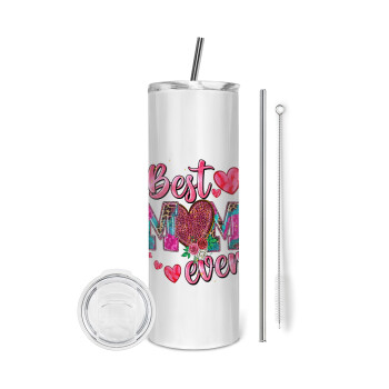 Best mom ever Mother's Day pink, Tumbler ποτήρι θερμό από ανοξείδωτο ατσάλι 600ml, με μεταλλικό καλαμάκι & βούρτσα καθαρισμού