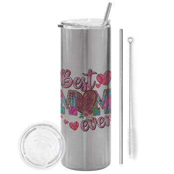 Best mom ever Mother's Day pink, Eco friendly stainless steel Silver tumbler 600ml, with metal straw & cleaning brush