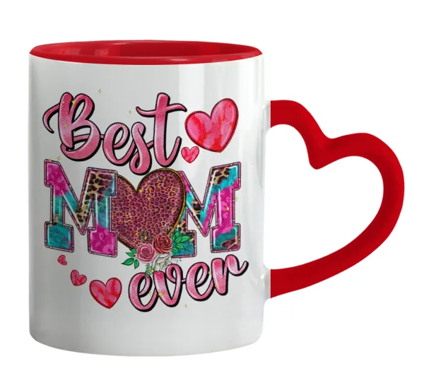 Best mom ever Mother's Day pink — Κούπα καρδιά χερούλι κόκκινη, κεραμική, 330ml