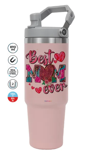 Best mom ever Mother's Day pink — ΡΟΖ Travel Tumbler Θερμός με χερούλι και καλαμάκι 890ml