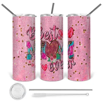 Best mom ever Mother's Day pink, Tumbler ποτήρι θερμό από ανοξείδωτο ατσάλι 600ml, με μεταλλικό καλαμάκι & βούρτσα καθαρισμού