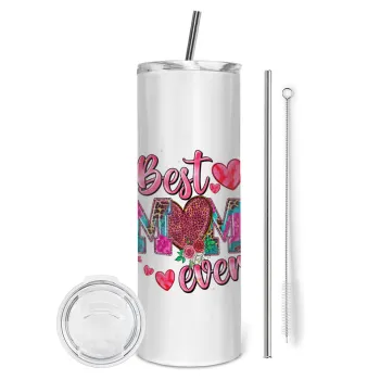 Best mom ever Mother's Day pink, Tumbler ποτήρι θερμό από ανοξείδωτο ατσάλι 600ml, με μεταλλικό καλαμάκι & βούρτσα καθαρισμού