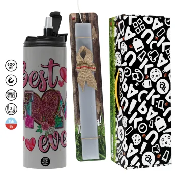 Best mom ever Mother's Day pink, Πασχαλινή Λαμπάδα με Travel Tumbler θερμό (600ml, BPA free) & κερί αρωματικό πλακέ (30cm) (ΓΚΡΙ)