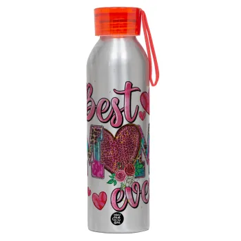 Best mom ever Mother's Day pink, Αλουμινένιο Αθλητικό Μπουκάλι 650ml – Ασημί με Κόκκινο Καπάκι και Λουράκι Σιλικόνης