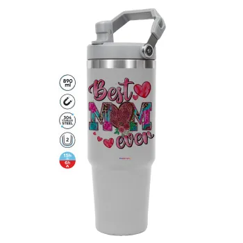 Best mom ever Mother's Day pink, ΓΚΡΙ Travel Tumbler Θερμός με χερούλι και καλαμάκι 890ml