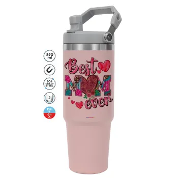 Best mom ever Mother's Day pink, ΡΟΖ Travel Tumbler Θερμός με χερούλι και καλαμάκι 890ml