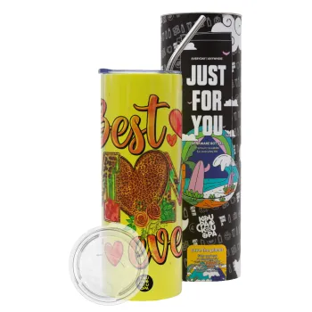 Best mom ever Mother's Day pink, Neon Yellow Travel Tumbler θερμό, μεταλλικό καλαμάκι(Ανωξείδωτο 304 Food grade, BPA free, 600ml)