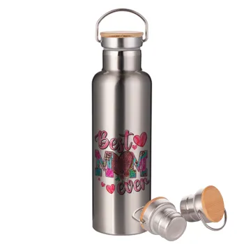 Best mom ever Mother's Day pink, Stainless steel Silver with wooden lid (bamboo), double wall, 750ml