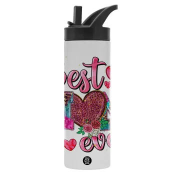 Best mom ever Mother's Day pink, Metallic thermos bottle with straw & handle, stainless steel (Stainless steel 304), double-walled, 600ml.