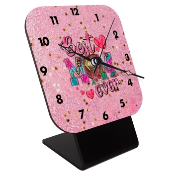 Best mom ever Mother's Day pink, Quartz Wooden table clock with hands (10cm)