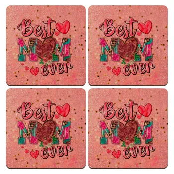 Best mom ever Mother's Day pink, ΣΕΤ x4 Σουβέρ ξύλινα τετράγωνα plywood (9cm)