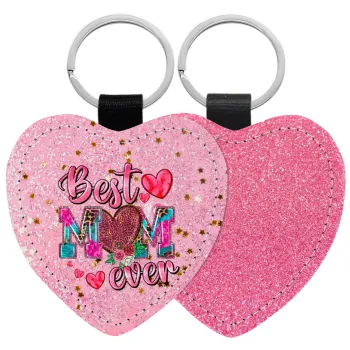 Best mom ever Mother's Day pink, Μπρελόκ PU δερμάτινο glitter καρδιά ΡΟΖ