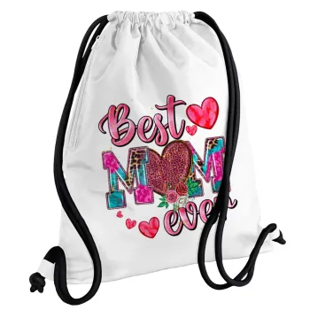 Best mom ever Mother's Day pink, Backpack pouch GYMBAG white, with pocket (40x48cm) & thick cords