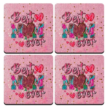 Best mom ever Mother's Day pink, ΣΕΤ 4 Σουβέρ ξύλινα τετράγωνα (9cm)