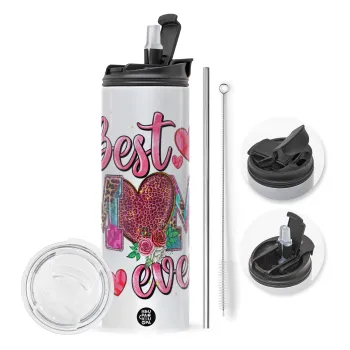 Best mom ever Mother's Day pink, Travel Tumbler 2 Lids, with metal straw & cleaning brush (Stainless steel 304 Food grade, BPA free, 600ml)