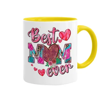 Best mom ever Mother's Day pink, Κούπα χρωματιστή κίτρινη, κεραμική, 330ml