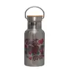 Stainless steel metallic thermos flask, silver with a bamboo lid, double-walled, 350ml.