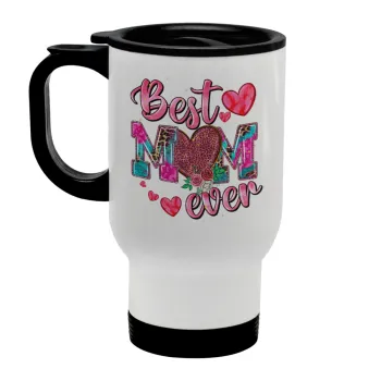 Best mom ever Mother's Day pink, Κούπα ταξιδιού ανοξείδωτη με καπάκι, διπλού τοιχώματος (θερμό) λευκή 450ml