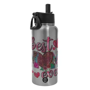 Best mom ever Mother's Day pink, Metal mug thermo Silver with Straw and Spout Lid (Stainless steel), double wall, 950ml