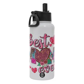 Best mom ever Mother's Day pink, Metal mug thermo White with Straw and Spout Lid (Stainless steel), double wall, 950ml