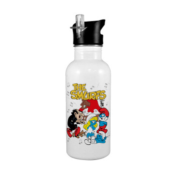 The smurfs, White water bottle with straw, stainless steel 600ml