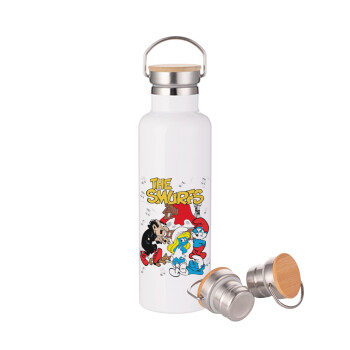 The smurfs, Stainless steel White with wooden lid (bamboo), double wall, 750ml