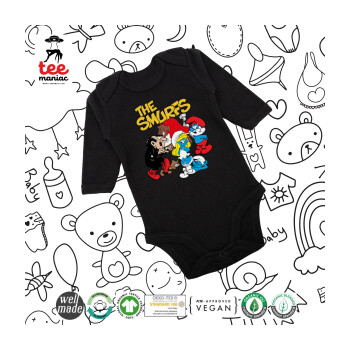 Τα στρουμφάκια, Μακρυμάνικο βρεφικό φορμάκι, 0-18 μηνών, ΜΑΥΡΟ, 100% Organic Cotton