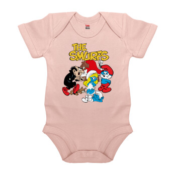 Τα στρουμφάκια, Βρεφικό φορμάκι μωρού, 0-18 μηνών, ΡΟΖ POWDER, 100% Organic Cotton, κοντομάνικο