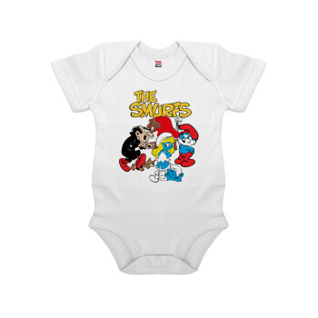 Τα στρουμφάκια, Βρεφικό φορμάκι μωρού, 0-24 μηνών, ΛΕΥΚΟ, 100% Organic Cotton, κοντομάνικο