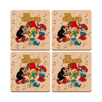 Τα στρουμφάκια, ΣΕΤ x4 Σουβέρ ξύλινα τετράγωνα plywood (9cm)