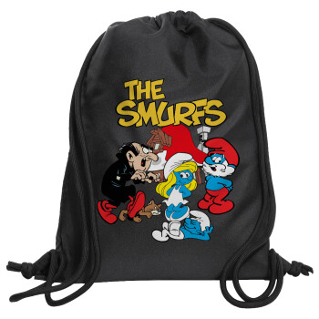 The smurfs, Τσάντα πλάτης πουγκί GYMBAG Μαύρη, με τσέπη (40x48cm) & χονδρά κορδόνια