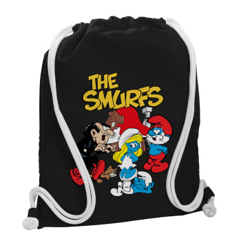 Τα στρουμφάκια, Τσάντα πλάτης πουγκί GYMBAG Μαύρη, με τσέπη (40x48cm) & χονδρά λευκά κορδόνια