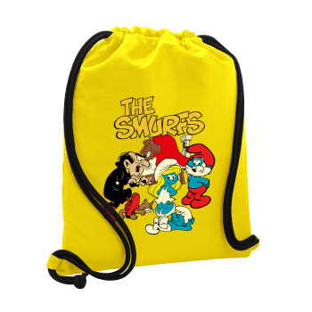 Τα στρουμφάκια, Τσάντα πλάτης πουγκί GYMBAG Κίτρινη, με τσέπη (40x48cm) & χονδρά κορδόνια
